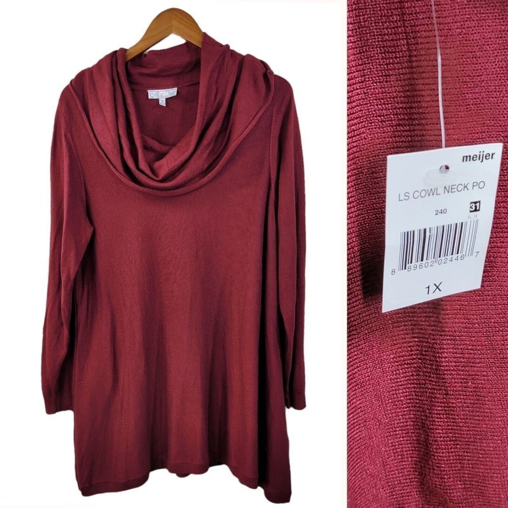 New Plus size 1X 16/18 Pullover Cowl Neck Lightweight Sweater Knit Top red